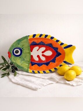 DeSimone Italy Fish Platter #77 Large 15” Sicilian Hand Painted MCM Art Pottery
